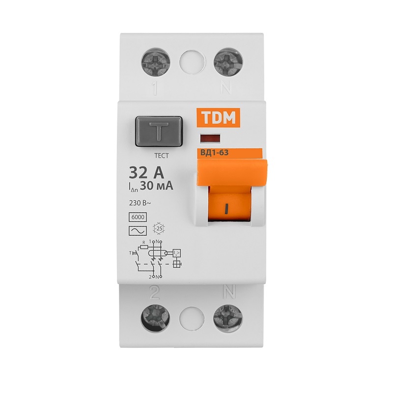 Устройство защитного отключения TDM ВД1-63, 32А, 30мА, тип АС, 2П